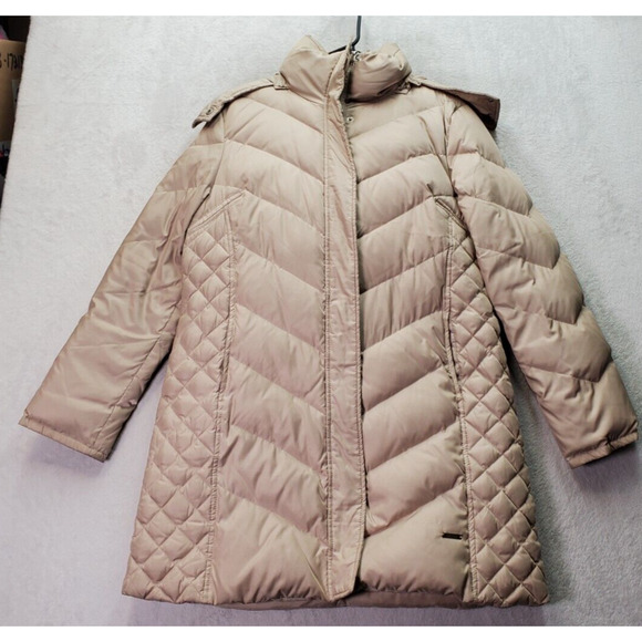 Kenneth Cole Reaction Down Puffer Coat Women's Large Champagne Fur Hood Full Zip - Picture 1 of 12